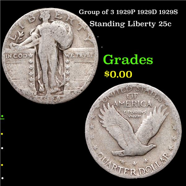 Group of 3 1929P 1929D 1929S Standing Liberty Quarter 25c