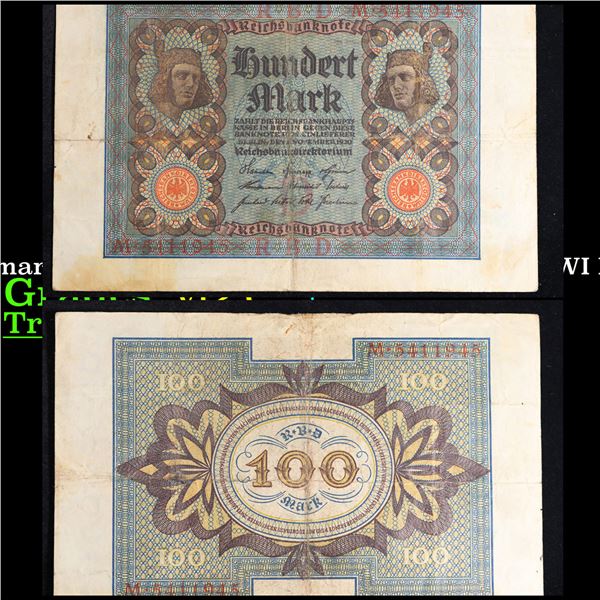 1920 Germany (Weimar Republic) 100 Marks Banknote - Post-WWI Hyperinflation P# 69a Grades vf+