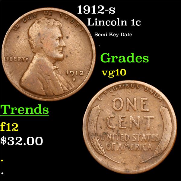 1912-s Lincoln Cent 1c Grades vg+