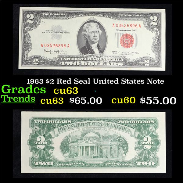 1963 $2 Red Seal United States Note Grades Select CU