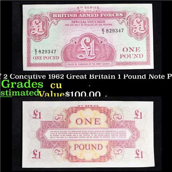 Set of 2 Concutive 1962 Great Britain 1 Pound Note P# M36A Grades CU