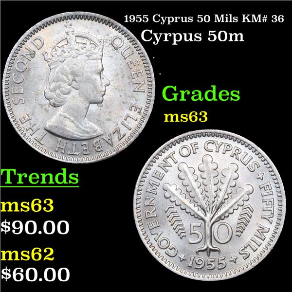1955 Cyprus 50 Mils KM# 36 Grades Select Unc