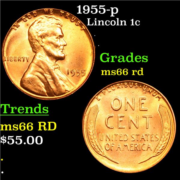 1955-p Lincoln Cent 1c Grades GEM+ Unc RD