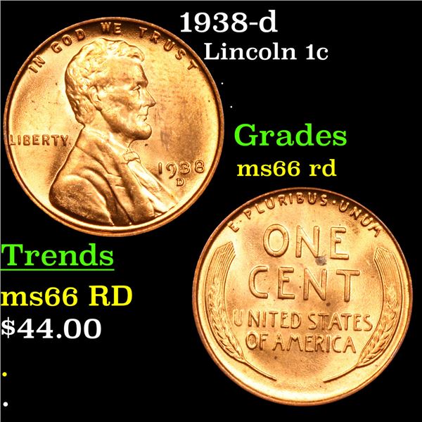 1938-d Lincoln Cent 1c Grades GEM+ Unc RD