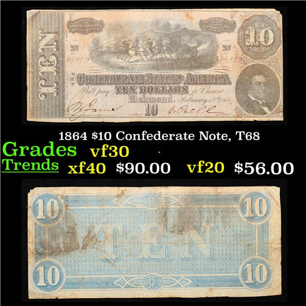 1864 $10 Confederate Note, T68 Grades vf++