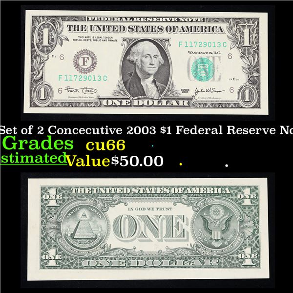 Set of 2 Concecutive 2003 $1 Federal Reserve Note Grades Gem+ CU