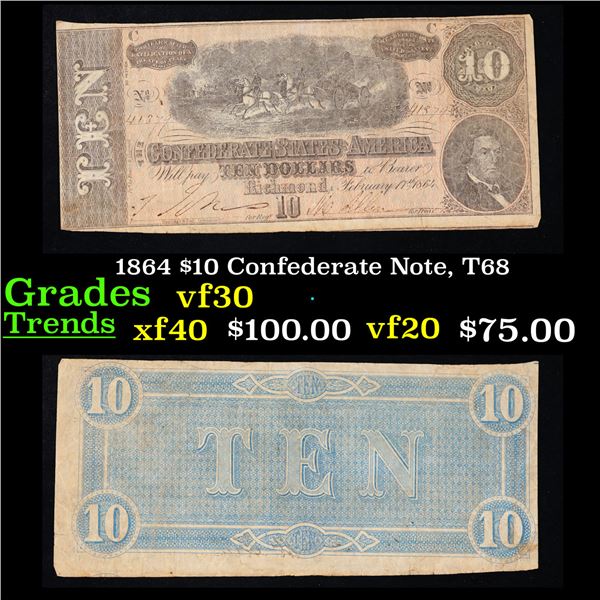 1864 $10 Confederate Note, T68 Grades vf++