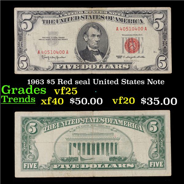 1963 $5 Red seal United States Note Grades vf+