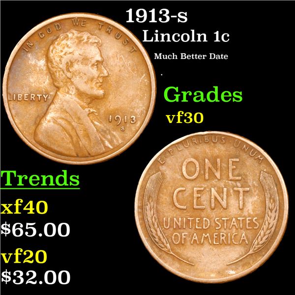 1913-s Lincoln Cent 1c Grades vf++