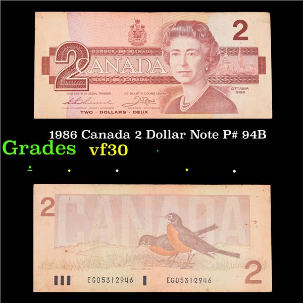 1986 Canada 2 Dollar Note P# 94B Grades vf++