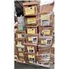 Image 1 : Large pallet of misc items including - door knobs, paper cups, ceramic dishes, vases, fabric, wine g