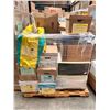 Image 1 : Large pallet of misc items including - printer paper, drinking glasses, multiple microwaves, toilet 