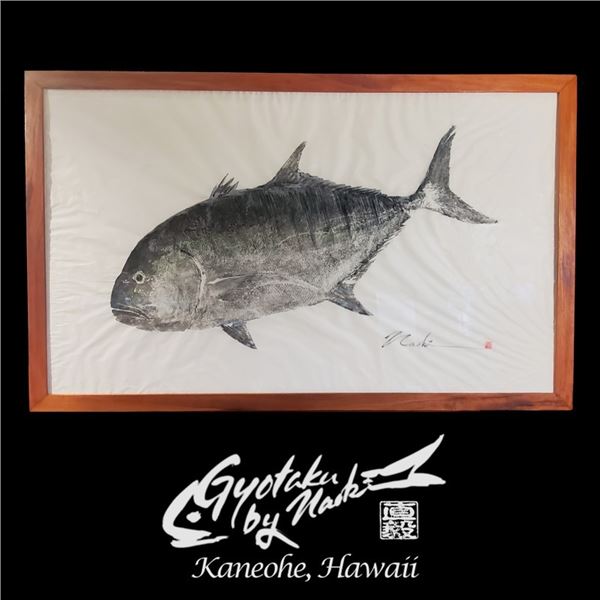 Ulua' Massive Gyotaku Painting Framed in Koa Wood