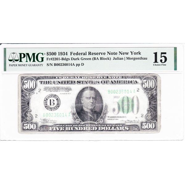 $500 1934 Federal Reserve Note New York PMG 15 Choice Fine