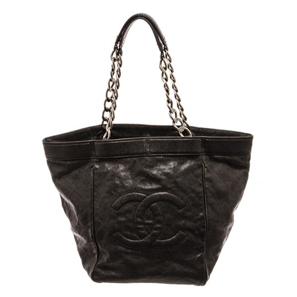 Chanel Black Caviar Leather CC Chain Tote Bag