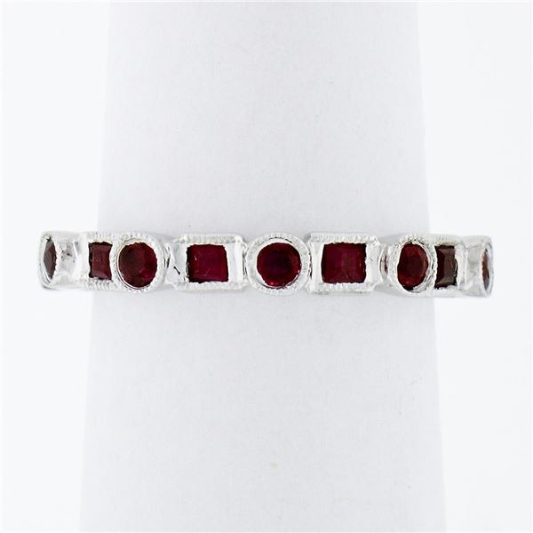 18k White Gold 1.42 ctw Round & Square Milgrain Bezel Ruby Eternity Band Ring