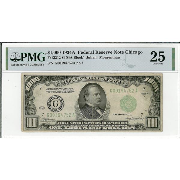$1000 1934A Federal Reserve Bank Note Chicago PMG 25 Very Fine