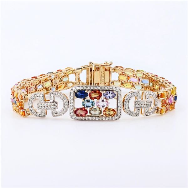 22.42 ctw Multi-Color Sapphire and 1.04 ctw Diamond 14K Yellow Gold Bracelet
