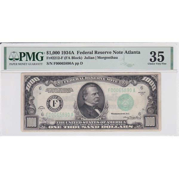 $1000 1934A Federal Reserve Note Atlanta PMG 35 Choice Very Fine
