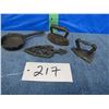 Image 1 : Collection of miniature ( salesmans samples ?) cast items ; frying pan, sad irons, trivet