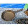 Image 3 : Collection of miniature ( salesmans samples ?) cast items ; frying pan, sad irons, trivet