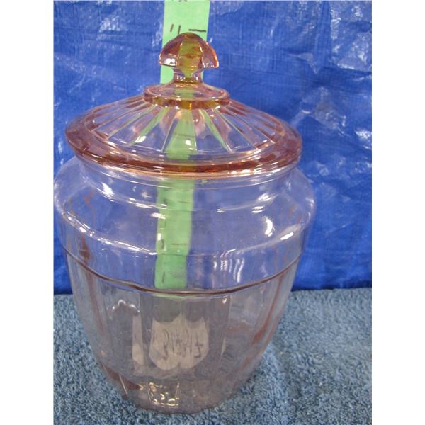 Pink Depression glass cookie jar Proximately 10 inches high