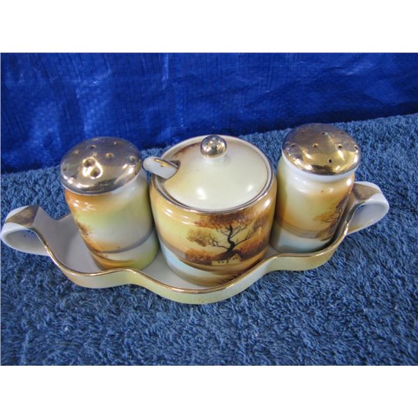 Noritake Salt and pepper and sugar bowl with spoon and Tray