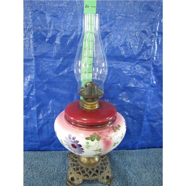 Vintage oil lamp painted with blue flowers & cast base