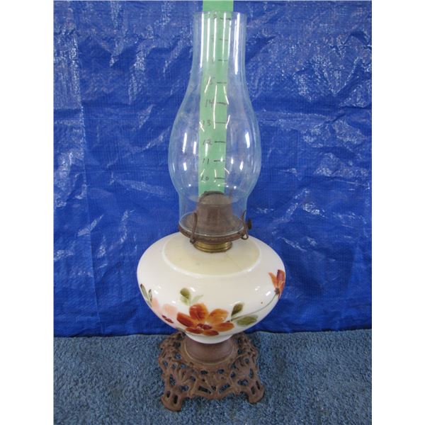 Vintage oil lamp painted with Orange flowers & cast base