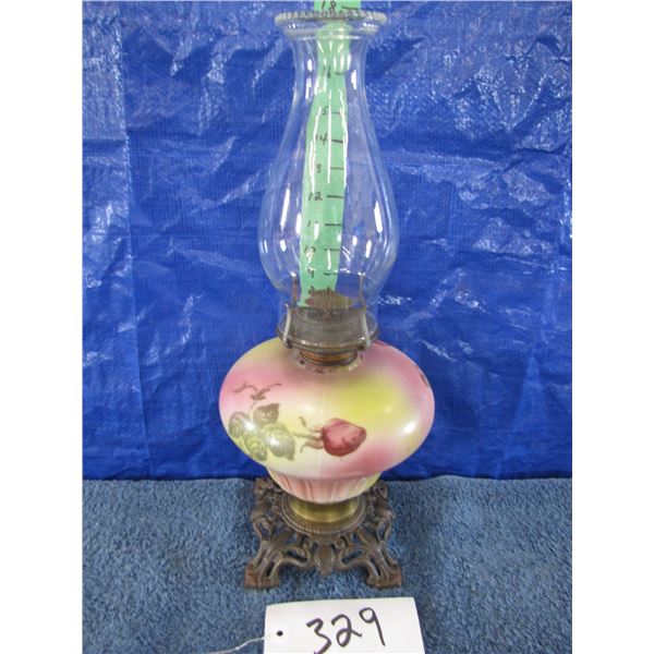 Vintage oil lamp painted with Rose flowers & cast base