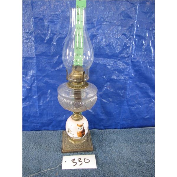 Vintage oil lamp painted with owl & cast base
