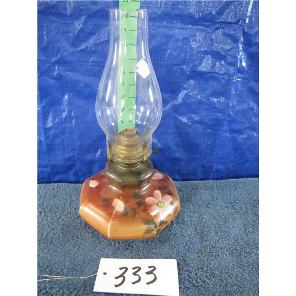 Vintage oil lamp brown glass base painted with pink flowers