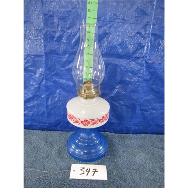 Vintage oil lamp with glass base white and blue with flowers painted on white