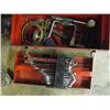 Image 2 : METAL RED TOOLBOX W/WRENCH SET & ASST. PIPE WRENCH, ETC.