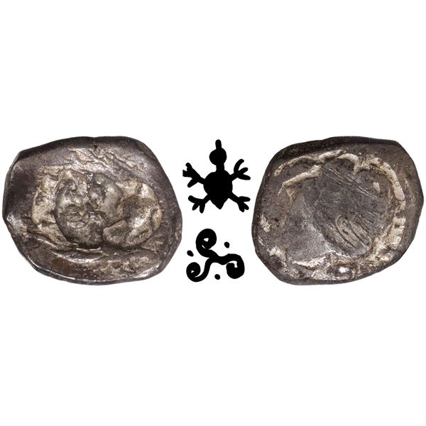 Silver Half Karshapana Coin of Panchala Janapada with  triskele and turtle symbol.