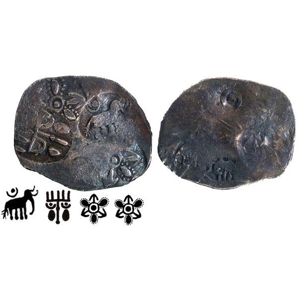 Kalinga Janapada Very Rare Silver Karshapana Coin with Elephant, Six armed symbols and Candelabra.