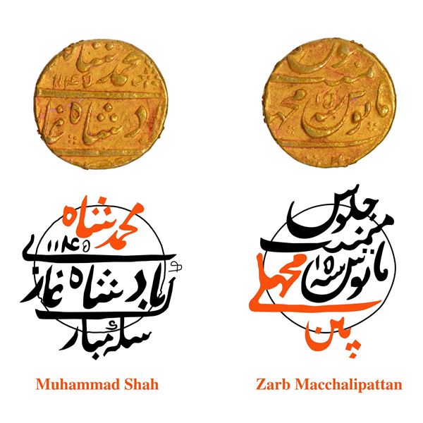 Mughal Empire Muhammad Shah Gold Mohur Coin of Machhlipattan Mint with Hijri year 1145.