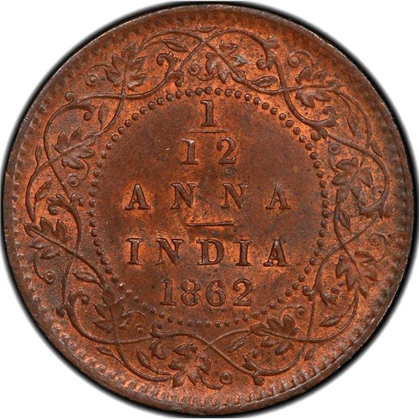 Rare Top Pop PCGS MS 64 BN Graded Copper One Twelfth Anna Coin of Victoria Queen of Calcutta Mint of