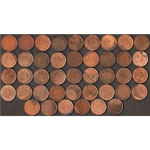 Different Rulers, Mint, and Years of Copper and Bronze One-Twelfth Anna Forty-Three Coins Collection