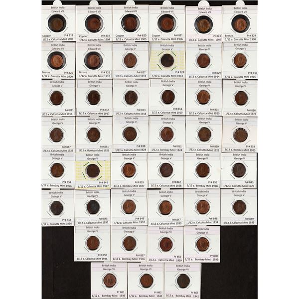 Different Ruler, Mint, and Years of Copper and Bronze One Twelfth Anna Forty-Three Coins Collection.