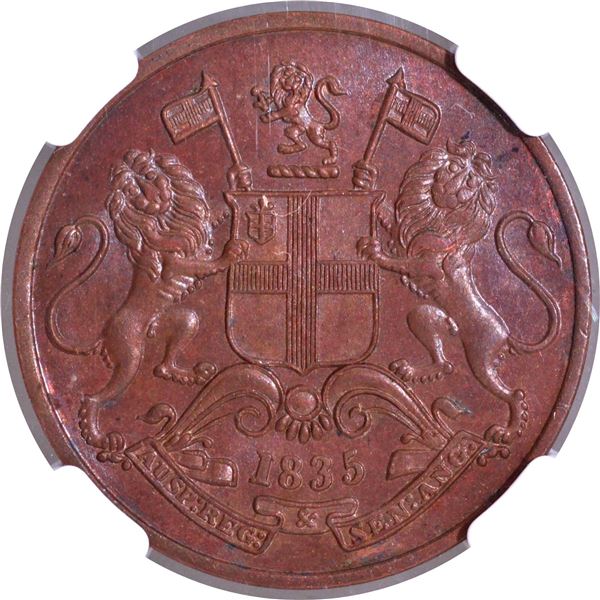 Rare NGC MS 64 BN Graded 1835 of Copper One Quarter Anna Coin of East India Company of Madras Mint.
