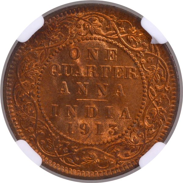 Rare NGC MS 65 RB Bronze One Quarter Anna Coin of King George V of Calcutta Mint of 1913.