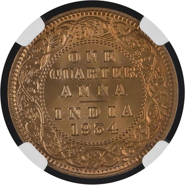 Extremely Rare Top-Pop NGC MS 67 RD Graded Bronze One Quarter Anna Coin of King George V of Calcutta