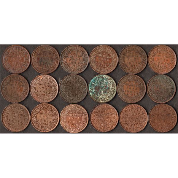 Calcutta and Bombay Mint of Different Years of Bronze Quarter Anna Eighteen Coins Collection of King