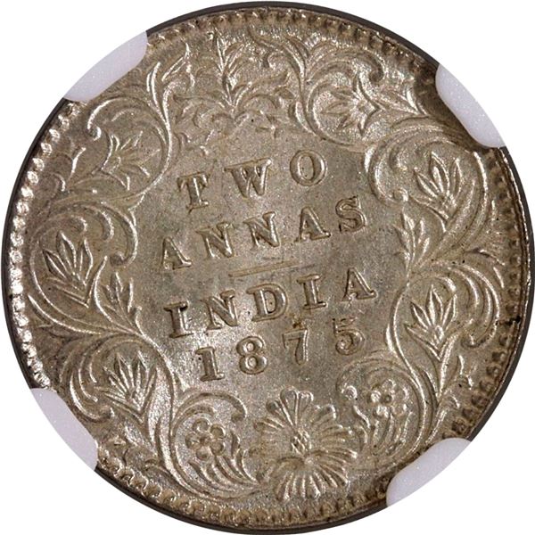 Very Rare NGC MS 64 Graded Silver Two Annas Coin of Victoria Queen of Calcutta Mint of 1875.