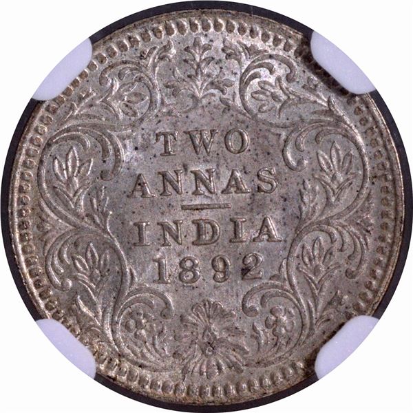 Extremely Rare Graded NGC MS 65 Victoria Empress of Silver Two Annas Coin of 1892 of Calcutta Mint.