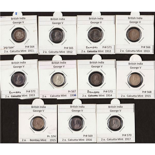 Eleven Coins Collection of Silver Two Annas Different Years of King George V of Calcutta and Bombay