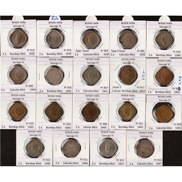 King George VI of Two Annas Nineteen Coins Collection of Different Metal, Year, and Mints.