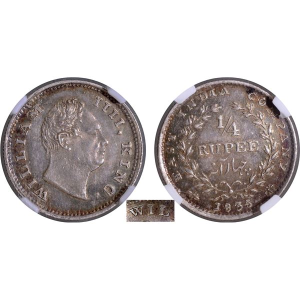 Extremely Rare NGC MS 62 Graded Silver Quarter Rupee Coin of King William IIII of Bombay Mint of 183