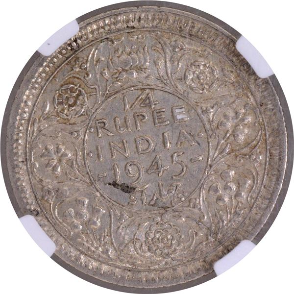 Large 5 NGC AU 58 Graded Silver Quarter Rupee Coin of King George VI of Bombay Mint of 1945.